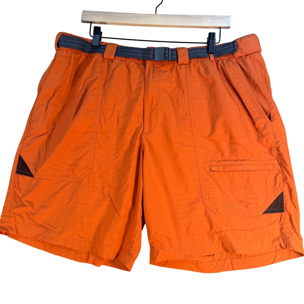 LL Bean Mens Orange Ripstop Cargo Hiking Shorts Integrated Belt Size L 34